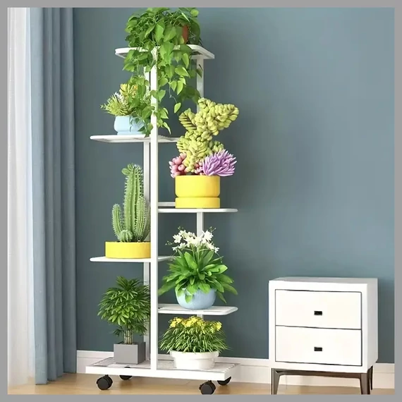 Vnútorný/vonkajší kovový kvetinový stojan na kolieskach – 6 úrovní, biely – AF122560-d