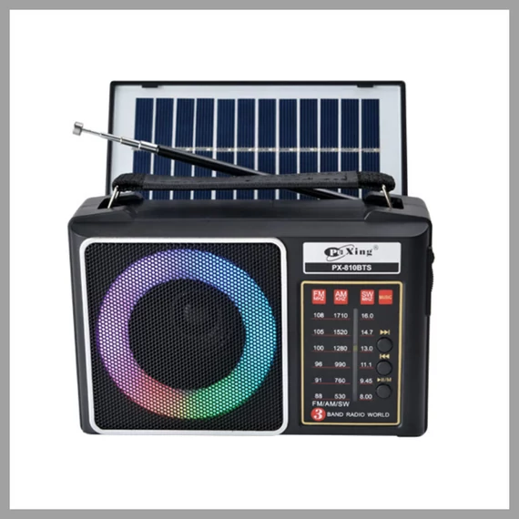 PuXing prijenosni radio – 3-opsežni radio + Bluetooth + solarno punjenje + LED svjetlo PX-810BTS