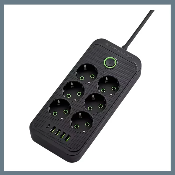 Predlžovací kábel so 6 zásuvkami, 3 USB + 1 Type-C portom, 1,2 m kábel, čierny F018U-BLACK
