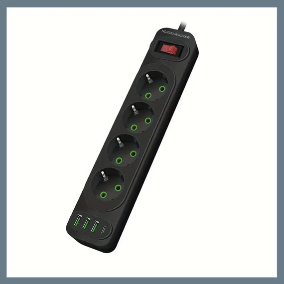 Predlžovací kábel so 4 zásuvkami, USB a Type-C rýchlonabíjacími portmi, čierny K24U-BLACK