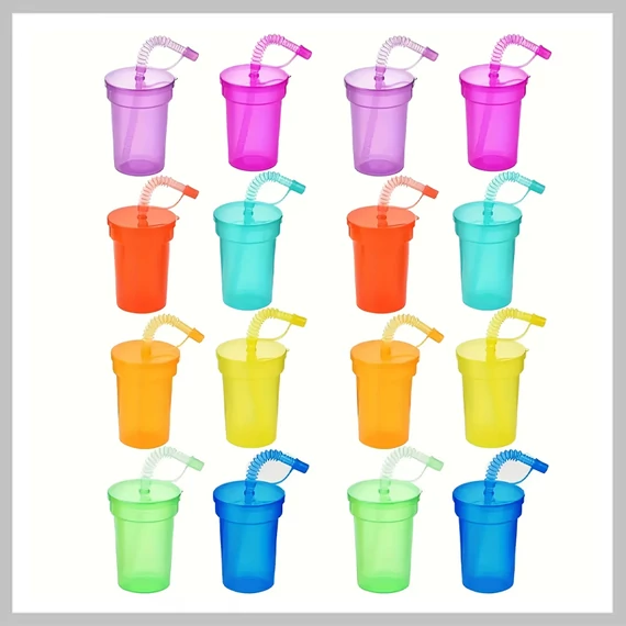 Neónová sada párty pohárov – 16 ks, 380 ml, s viečkom a slamkou YL2284130