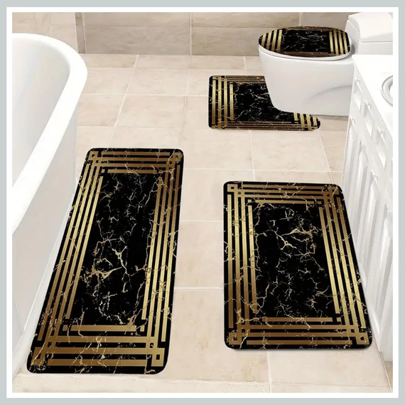 Luxusná 4-dielna sada kúpeľňových predložiek – čierno-zlatý mramorový vzor RJ1619452