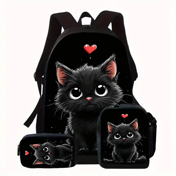 3-dielna sada tašiek Black Cat – Unisex batoh, puzdro na ceruzky a taška na obed QJ2307434