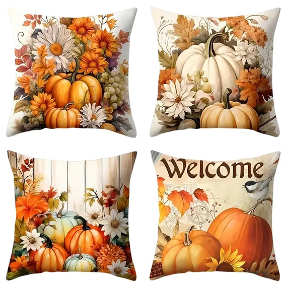 4-dielna jesenná súprava obliečok na vankúše – s motívom tekvíc, kvetov a listov DJ131780