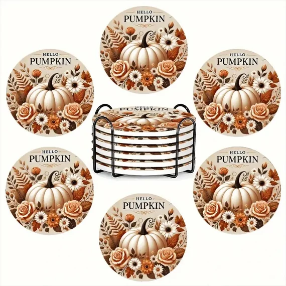 6-dielna jesenná súprava keramických podložiek – s motívom tekvíc a kvetov PU2393247