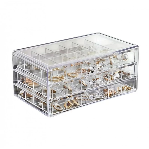 Priehľadná Šperkovnica – 3 Zásuvky, 72 Priehradiek PD159B