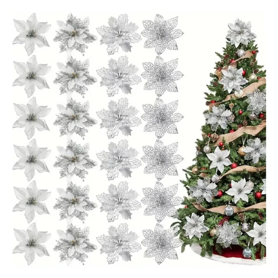 Sada vianočných kvetinových dekorácií – 24 kusov, strieborná, 14–15 cm – NV167367-3