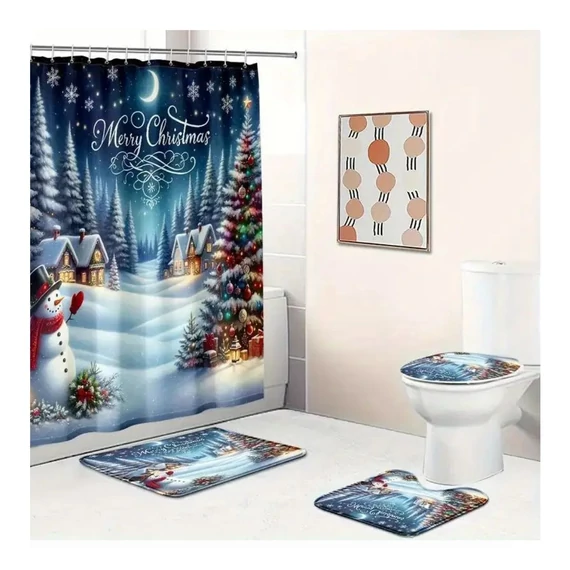 Vianočná kúpeľňová sada – so sprchovou závesou, 4 diely – PQ320431