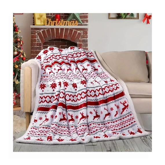 Vianočná plyšová deka – 127 × 152 cm, červeno-biely škandinávsky vzor – UH30930