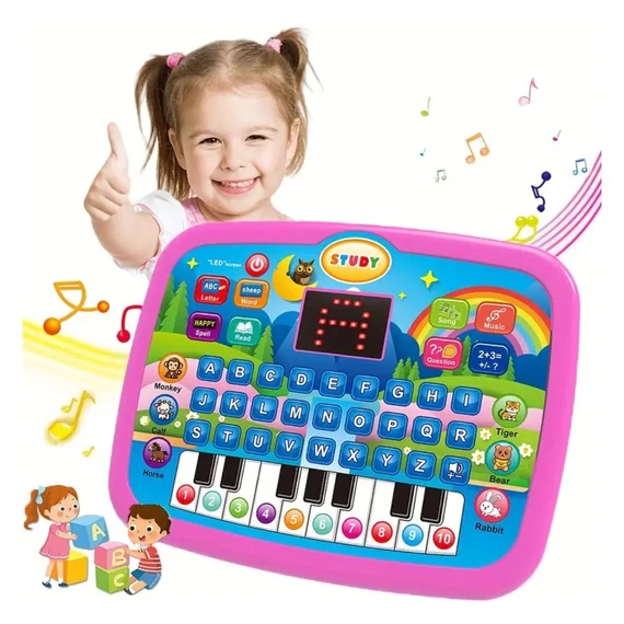 Detský vzdelávací tablet – hudobný a svietiaci, s 10 funkciami, ružový – UV380857-2