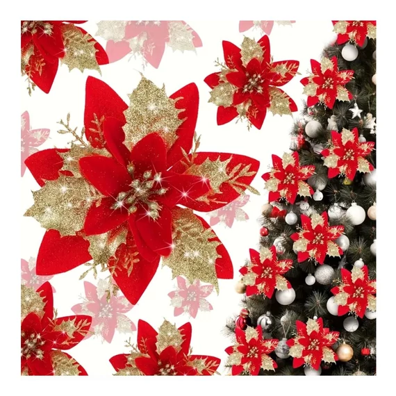 Vianočná dekorácia s trblietavými kvetmi – 15 kusov, červená, 14 cm – VT4955153-3