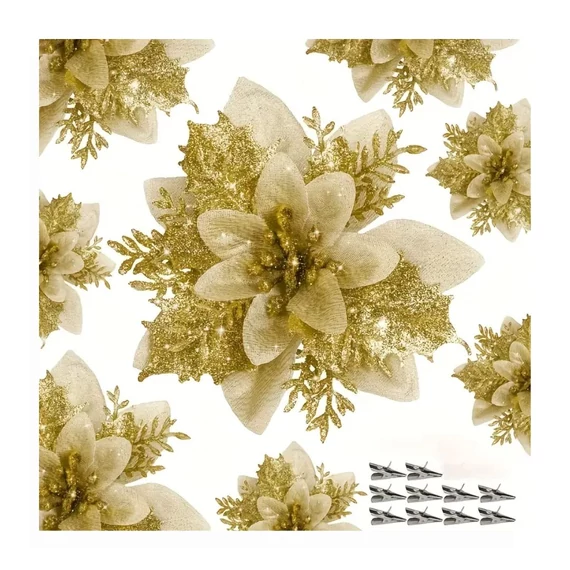 Vianočná dekorácia v tvare kvetov s trblietkami – 15 kusov, zlatá, 14 cm – VT4955153