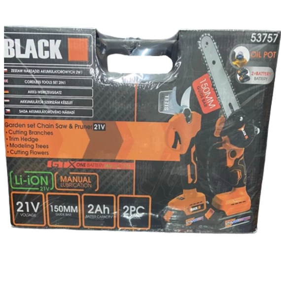 Čierna akumulátorová reťazová píla a nožnice na konáre 53757