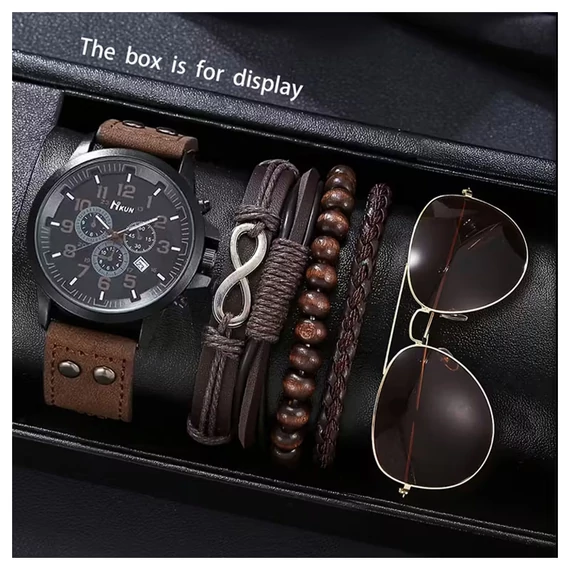 6-dielna retro darčeková sada pre mužov – hodinky, okuliare a náramky YW4130539