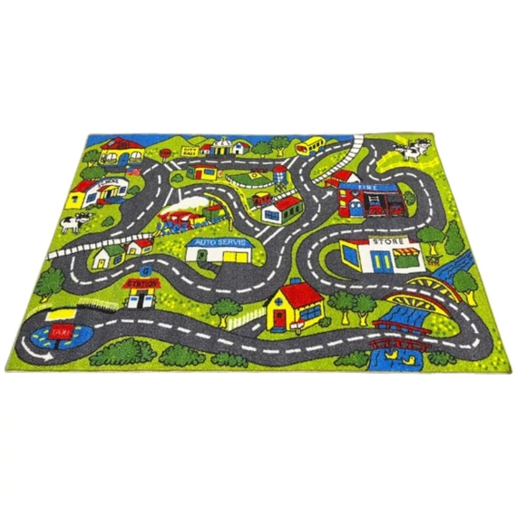 Tappeto per bambini Miniváros 80×120 cmIl tappeto Miniváros è un vero e proprio terreno di avventura per i piccoli esploratori! Con il suo motivo urbano colorato – strade, ponti, negozi, officine e stazioni di servizio – stimola i bambini a giocare in m