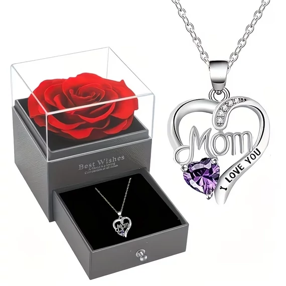 Darčeková krabička s ružou „Mom I love you“ s náhrdelníkom EX1263441
