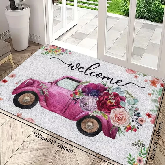 Koberec s vintage motívom automobilu a ružovej ruže 80 x 120 cm AV7577638-80120