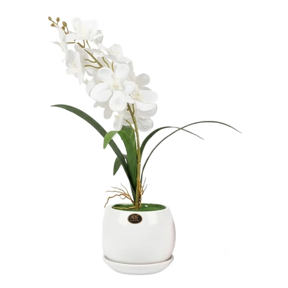 Dekoratívna umelá orchidea v kvetináči s bielymi kvetmi ORCH1