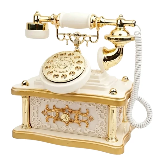 Vintage otočný telefón s hudobnou skrinkou s 8 melódiami v zlatej a bielej farbe FM5890649