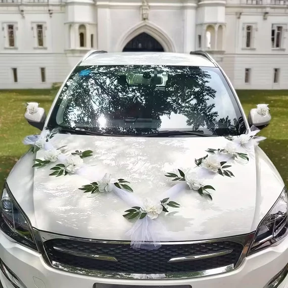 Svadobná výzdoba z umelých kvetín na auto, biela CJ2207973
