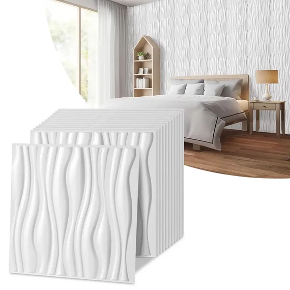 Súprava 3D nástenných panelov biela vlna PVC 30 x 30 cm 12 kusov 15173XV32-hfh