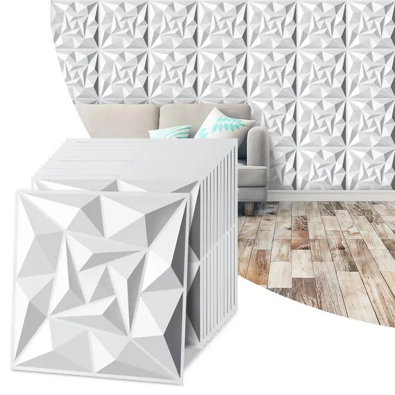 Súprava 3D nástenných panelov kvarcovo biela PVC 30 x 30 cm 12 kusov 15173XV32-kfh